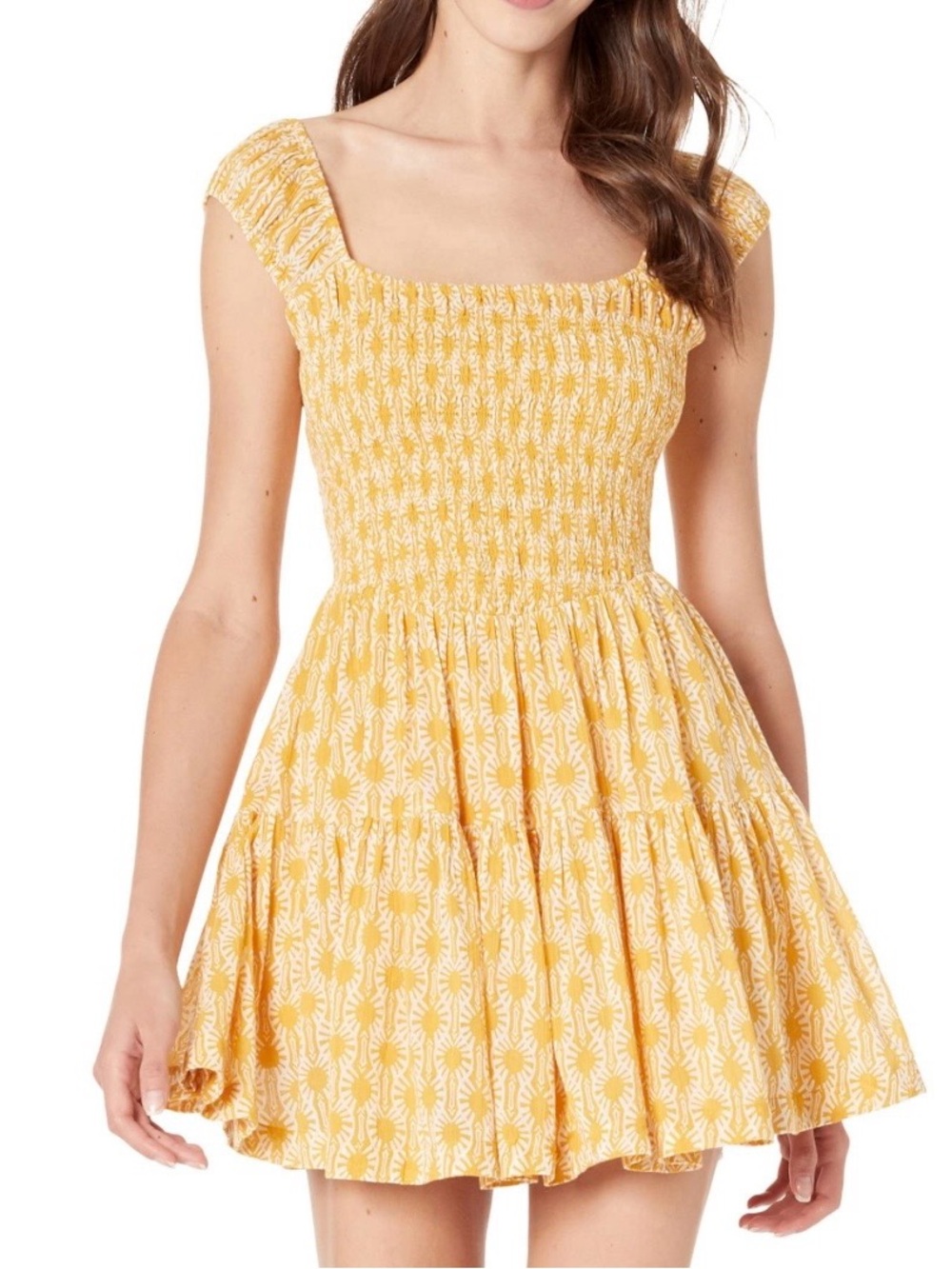 Free People Yellow Floral Smocked Mini Dress size S